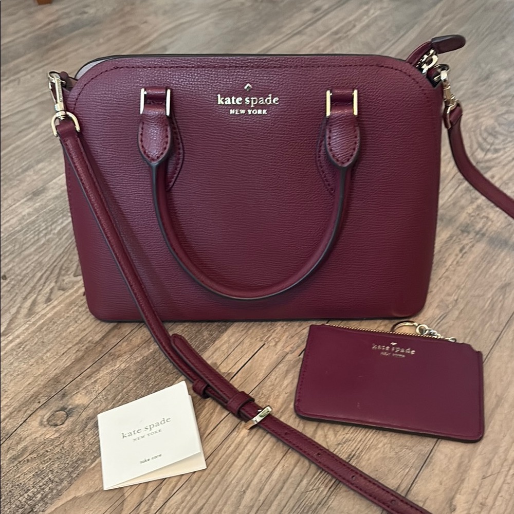 Kate Spade Plum shoulder/ crossbody with matching card wallet.